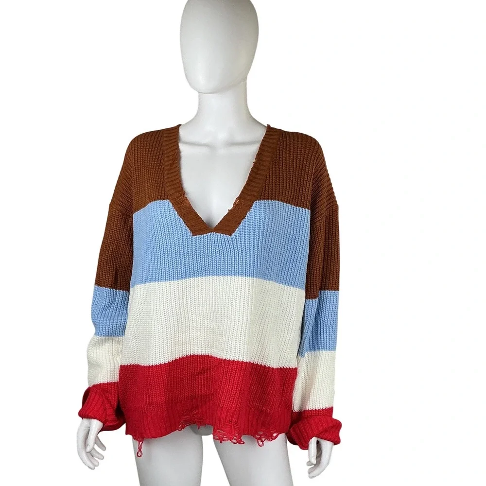 POL Striped V Neck Distressed Sweater‎ Size L Brown Blue White Red